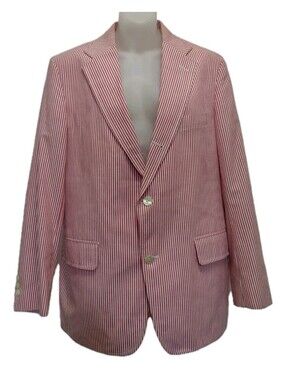 Vintage 80s Patrick James Seersucker Sport Coat Red White Stripe Preppy USA